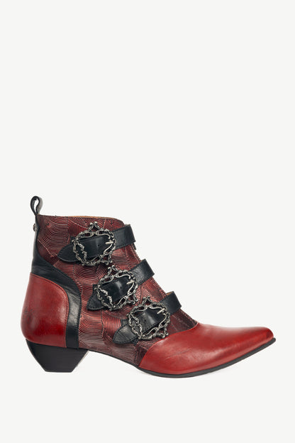 John Fluevog Truth Eileen Red Victorian Buckle Booties