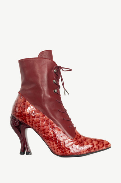 John Fluevog Celestial Communication Seraphina Red Patent-Embossed Lace-Up Boots