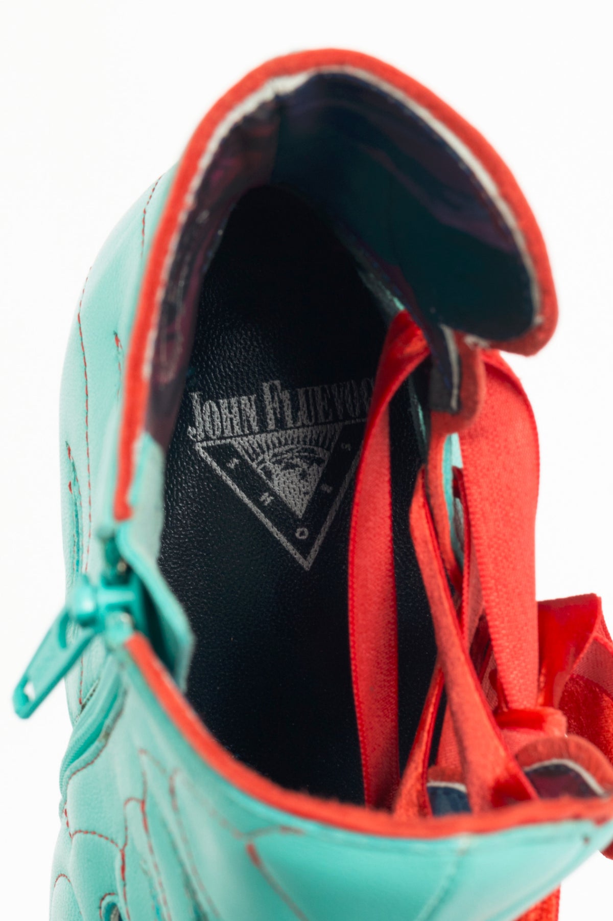 John Fluevog Deliverance Jodie Aqua Embroidered Side-Lace Ankle Boots