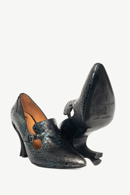 John Fluevog Celestial Communication Linda Clayton Blue Snake Loafer Pumps