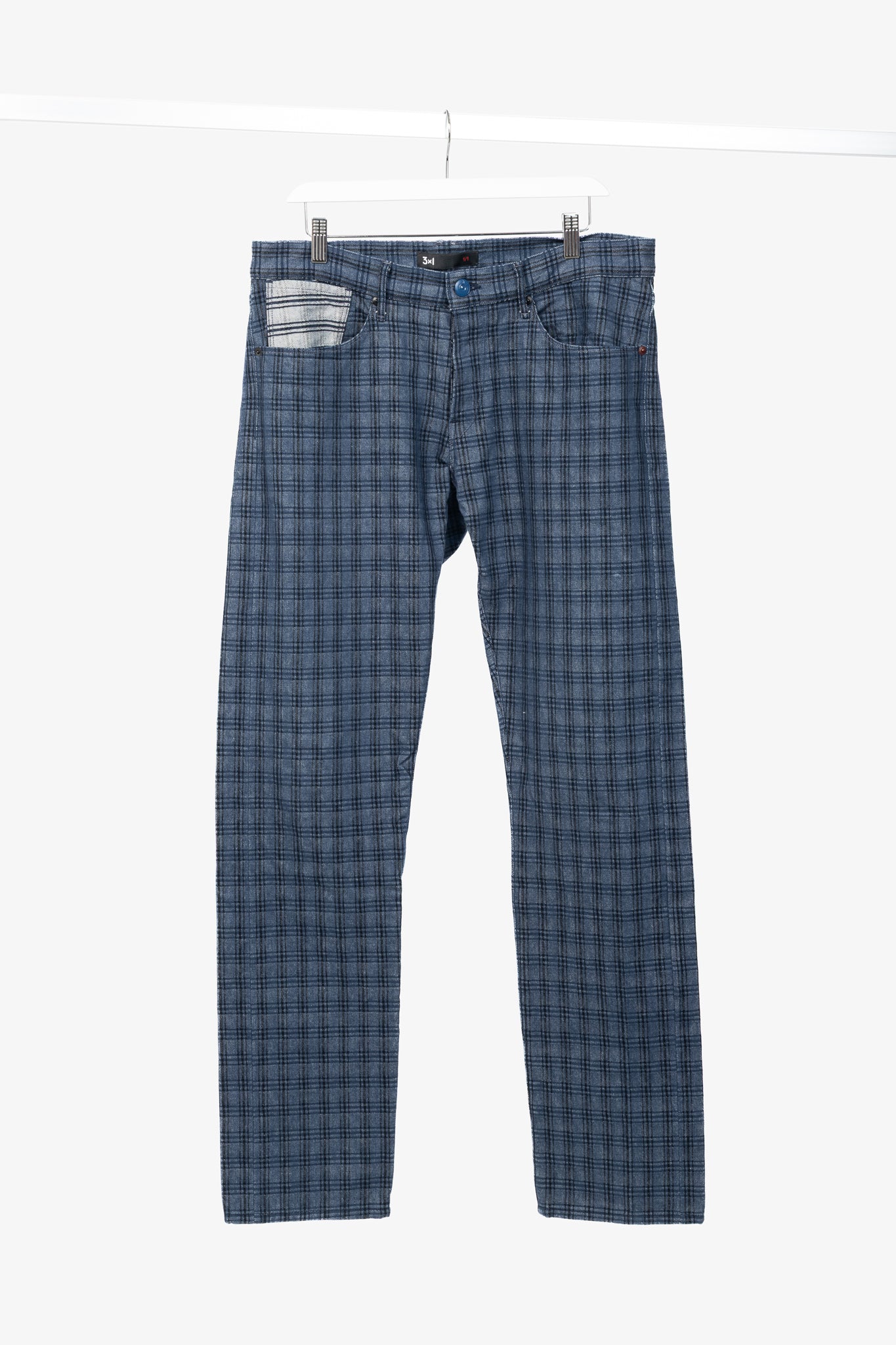 3x1 M4 Blue Plaid Slim 5-Pocket Jeans