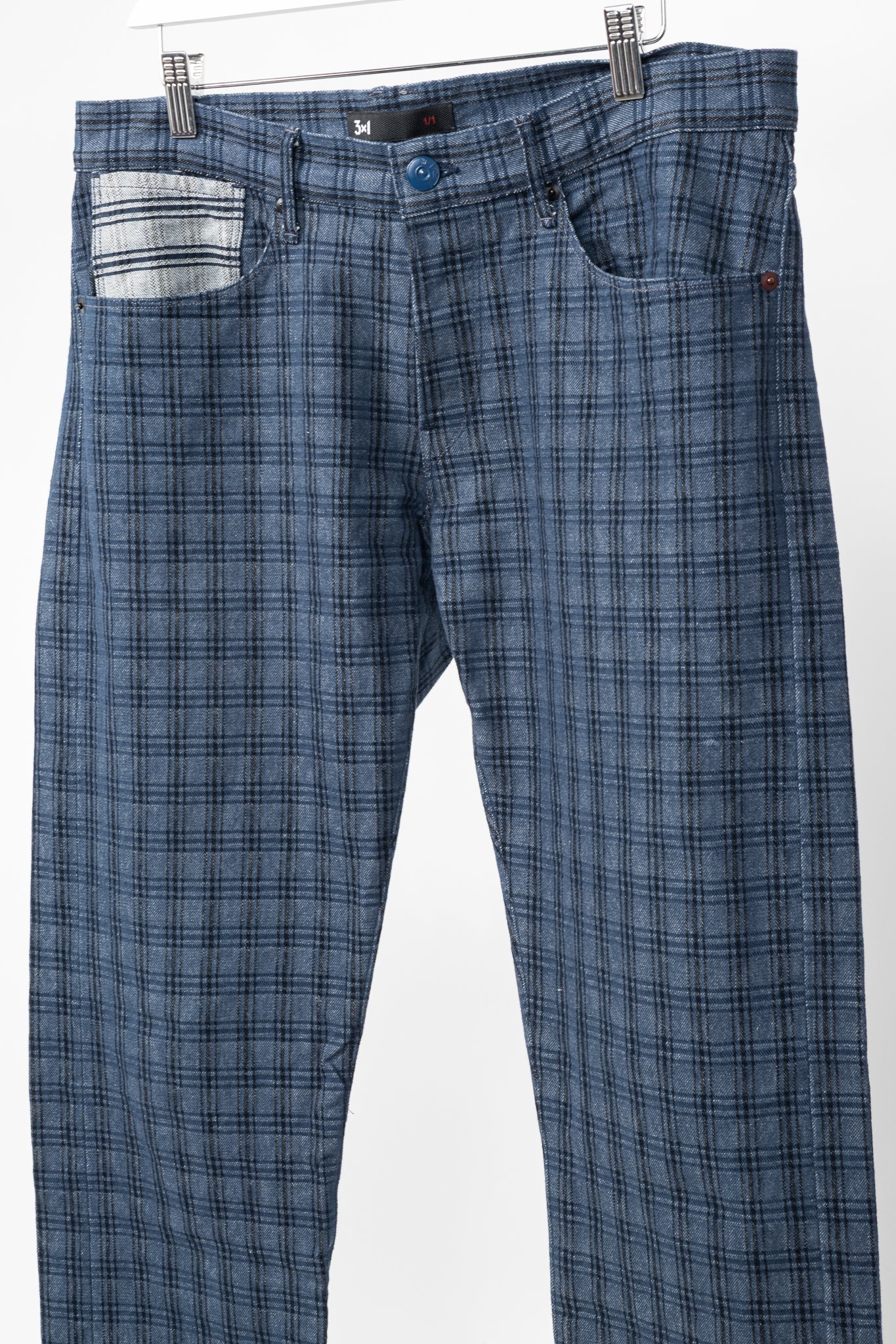 3x1 M4 Blue Plaid Slim 5-Pocket Jeans