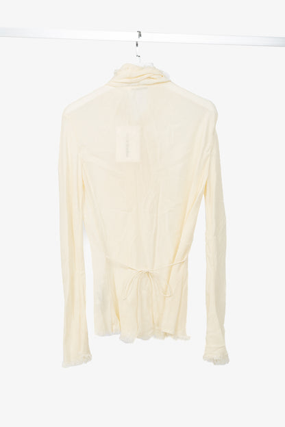 Acne Studios Warm White Crepe Frayed-Edge Pussy-Bow Blouse