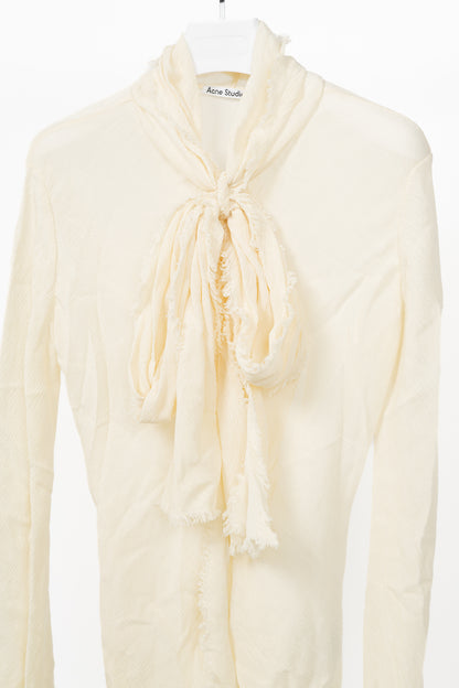 Acne Studios Warm White Crepe Frayed-Edge Pussy-Bow Blouse