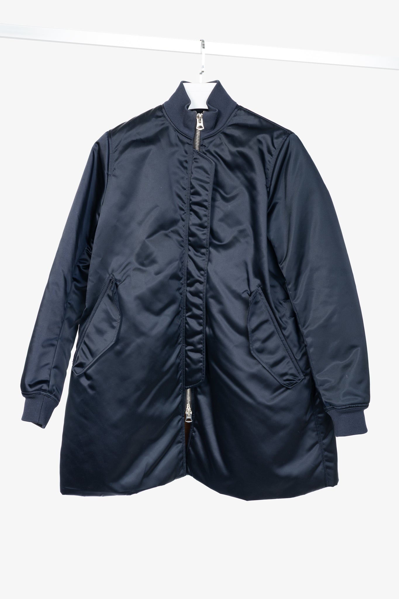 Acne Studios Aude Navy Nylon Long Bomber Jacket