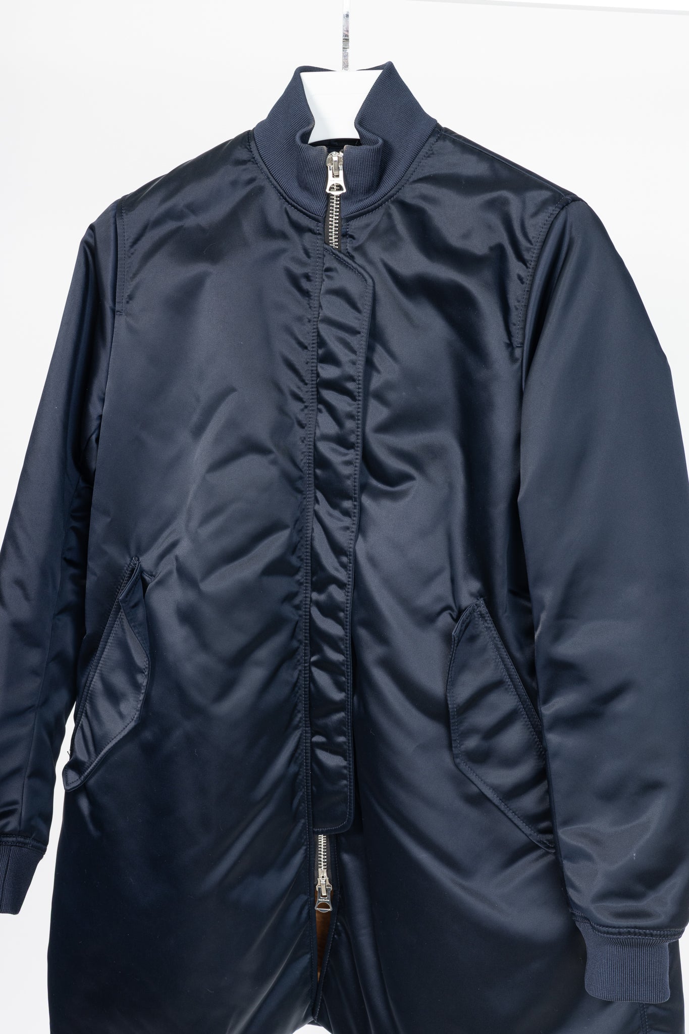 Acne Studios Aude Navy Nylon Long Bomber Jacket