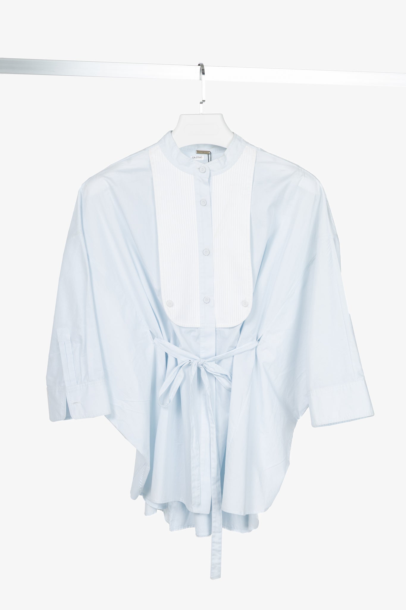 Adam Lippes Pale Blue & White Cotton Oversized Tie-Waist Bib Blouse