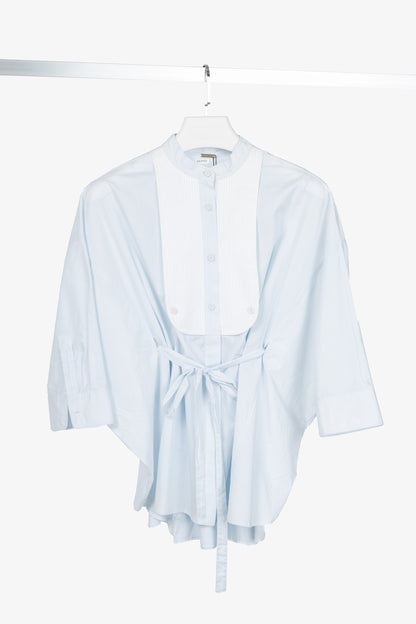 Adam Lippes Pale Blue & White Cotton Oversized Tie-Waist Bib Blouse