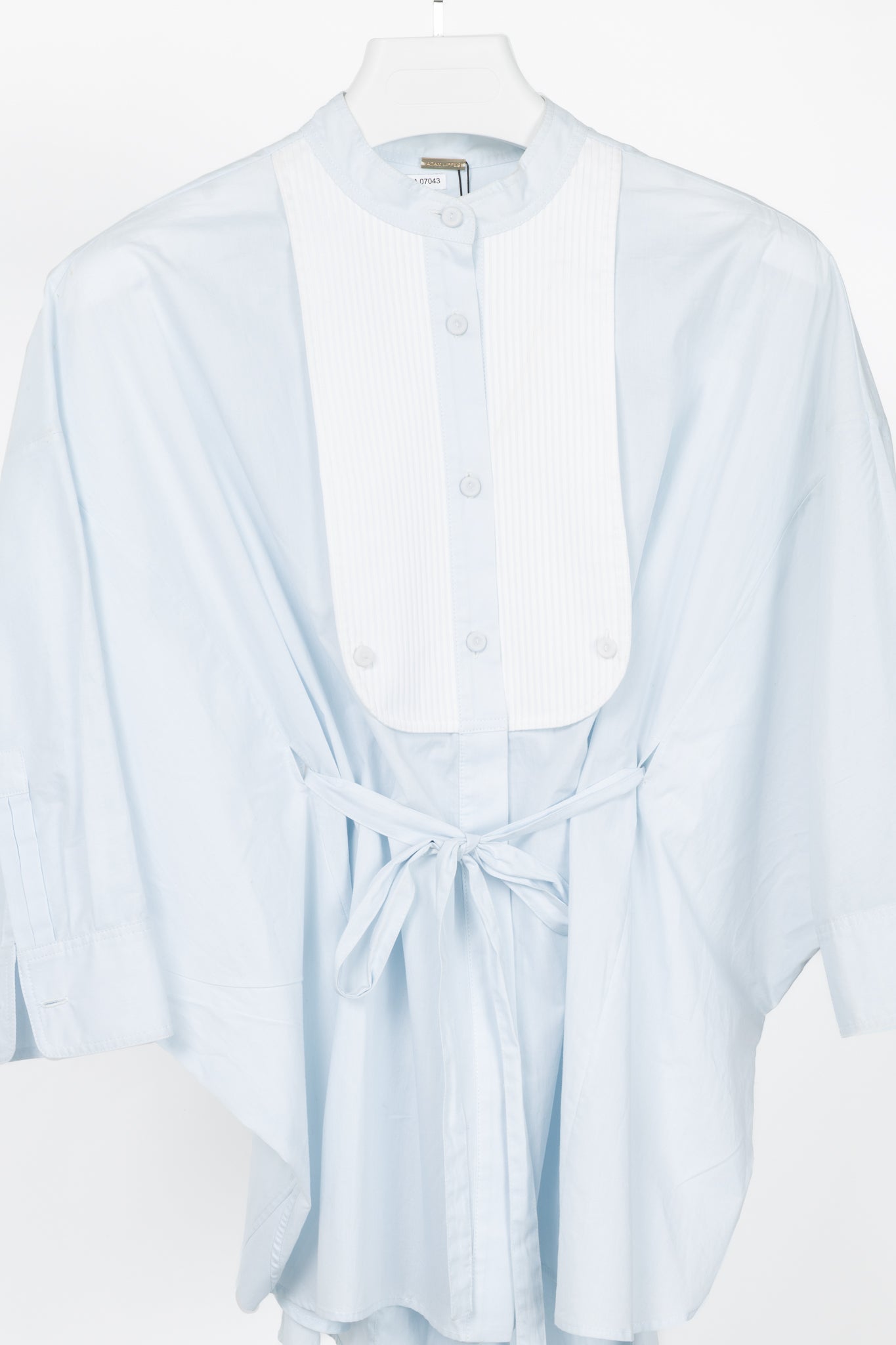 Adam Lippes Pale Blue & White Cotton Oversized Tie-Waist Bib Blouse
