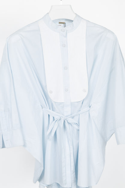 Adam Lippes Pale Blue & White Cotton Oversized Tie-Waist Bib Blouse