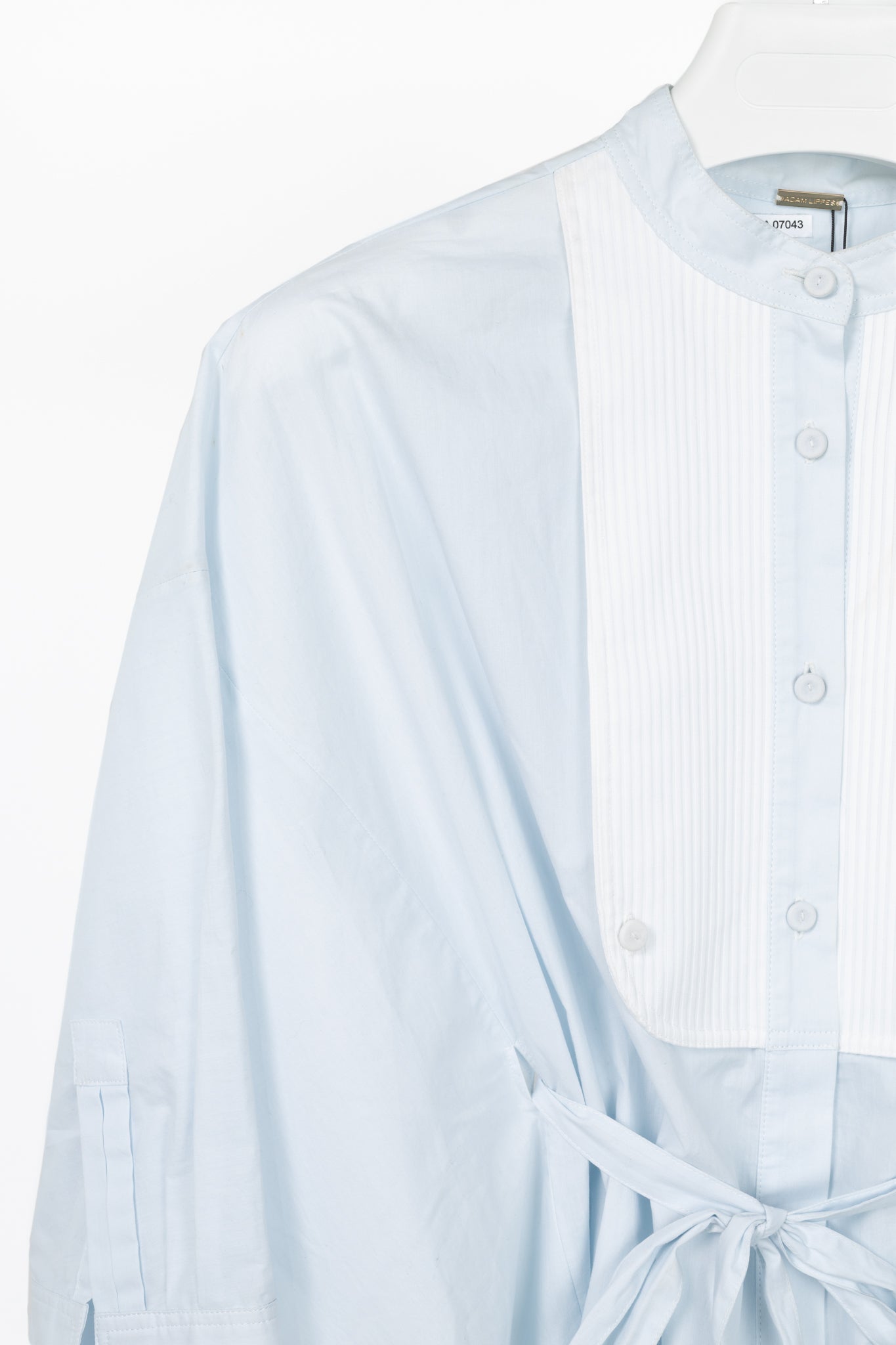 Adam Lippes Pale Blue & White Cotton Oversized Tie-Waist Bib Blouse