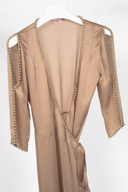Agent Provocateur Francis Nude Faux Pearl Embellished Silk Satin Gown