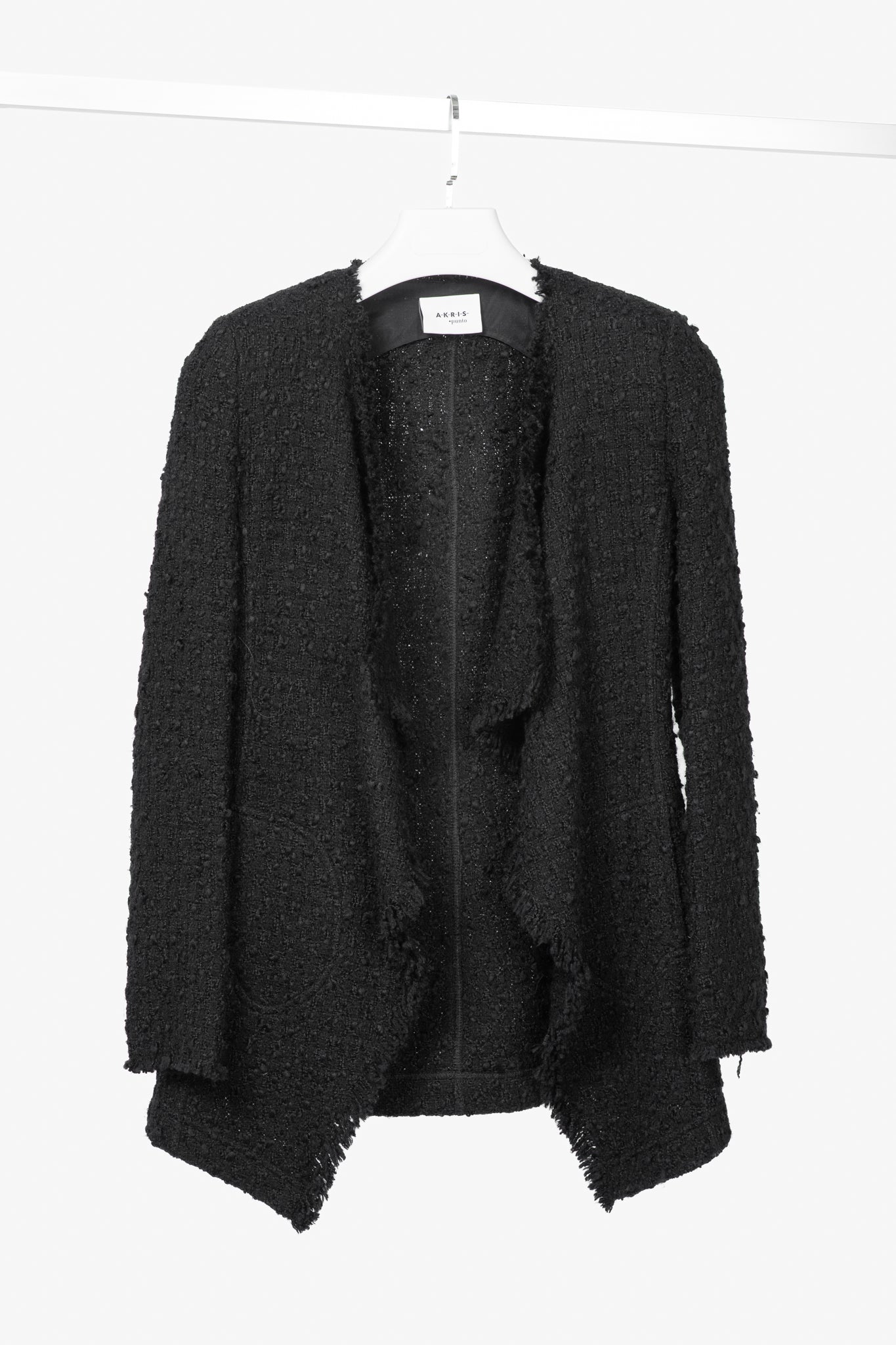 Akris Punto Black Wool-Blend Boucle-Tweed Fringe Draped Open-Front Jacket