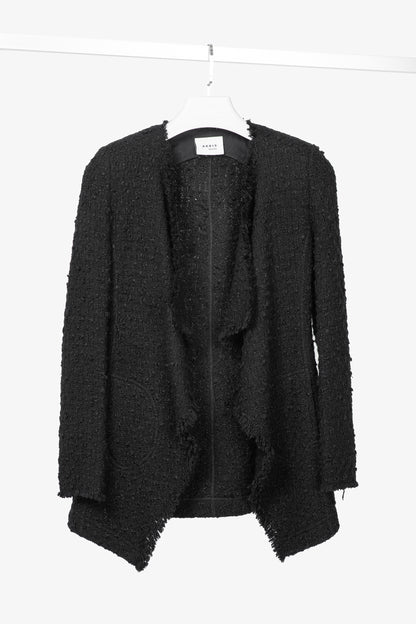 Akris Punto Black Wool-Blend Boucle-Tweed Fringe Draped Open-Front Jacket