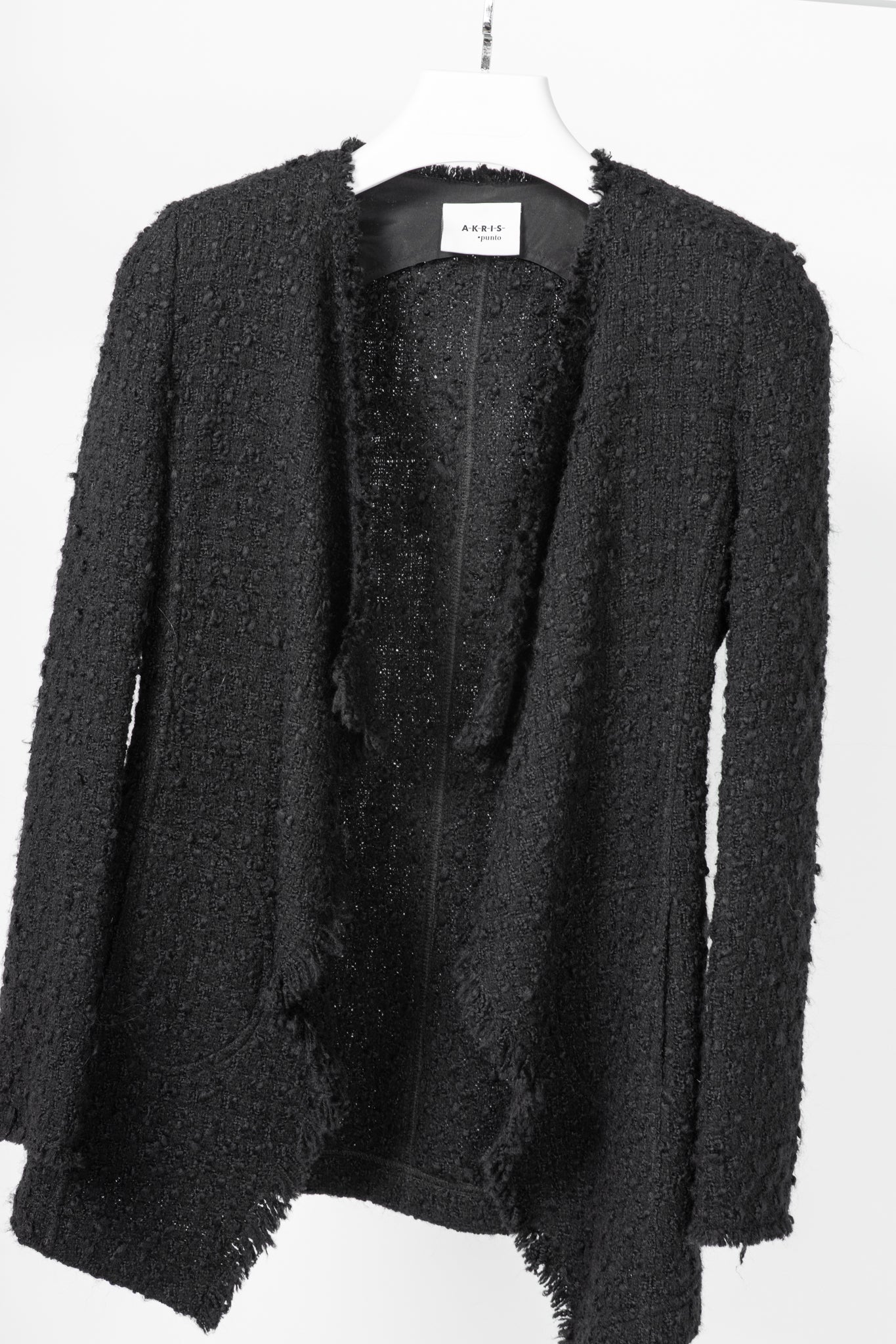 Akris Punto Black Wool-Blend Boucle-Tweed Fringe Draped Open-Front Jacket