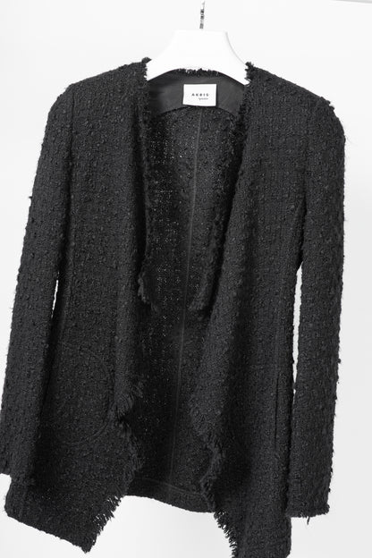 Akris Punto Black Wool-Blend Boucle-Tweed Fringe Draped Open-Front Jacket