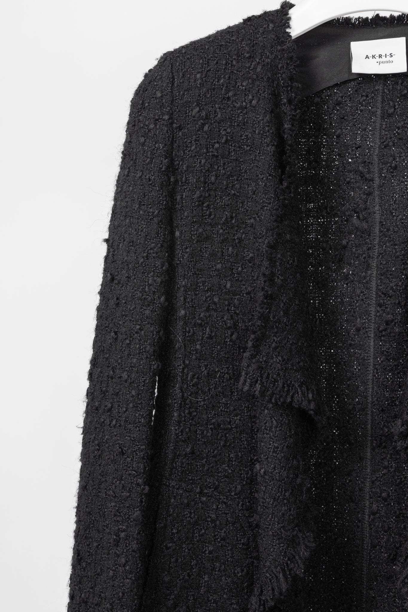 Akris Punto Black Wool-Blend Boucle-Tweed Fringe Draped Open-Front Jacket