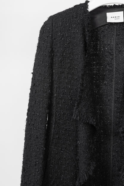 Akris Punto Black Wool-Blend Boucle-Tweed Fringe Draped Open-Front Jacket