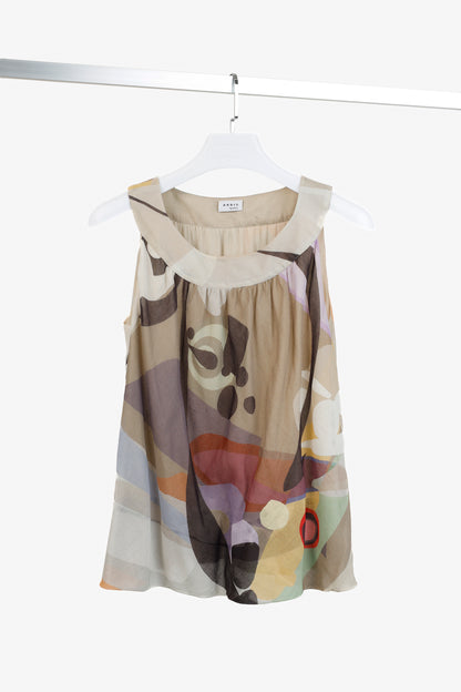 Akris Abstract Earth Tones Print Sleeveless Blouse
