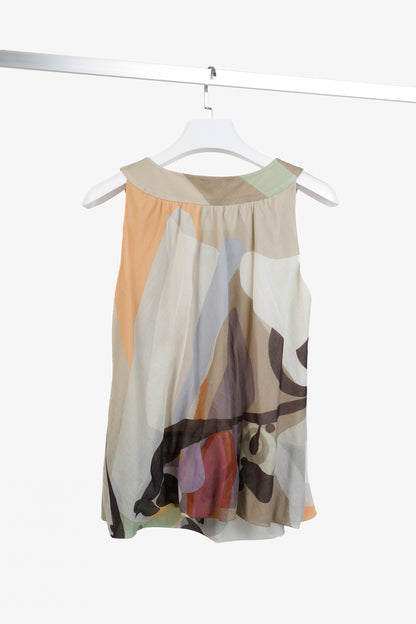 Akris Abstract Earth Tones Print Sleeveless Blouse