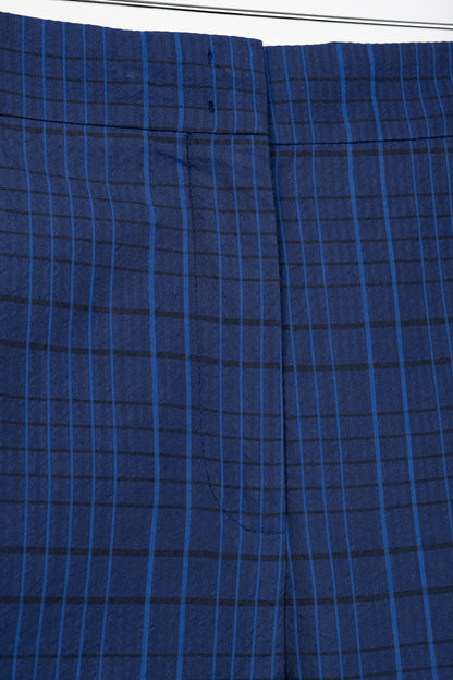 Akris 100 Years Flavin Navy-Enzian Check Cotton & Silk Seersucker Pants