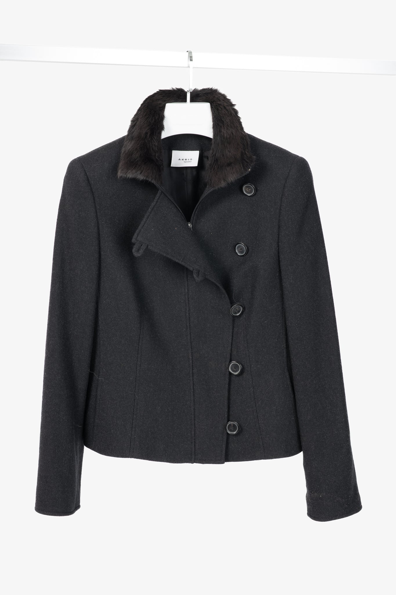 Akris Punto Charcoal Wool Herringbone-Flannel Fur-Collar Jacket