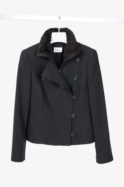 Akris Punto Charcoal Wool Herringbone-Flannel Fur-Collar Jacket