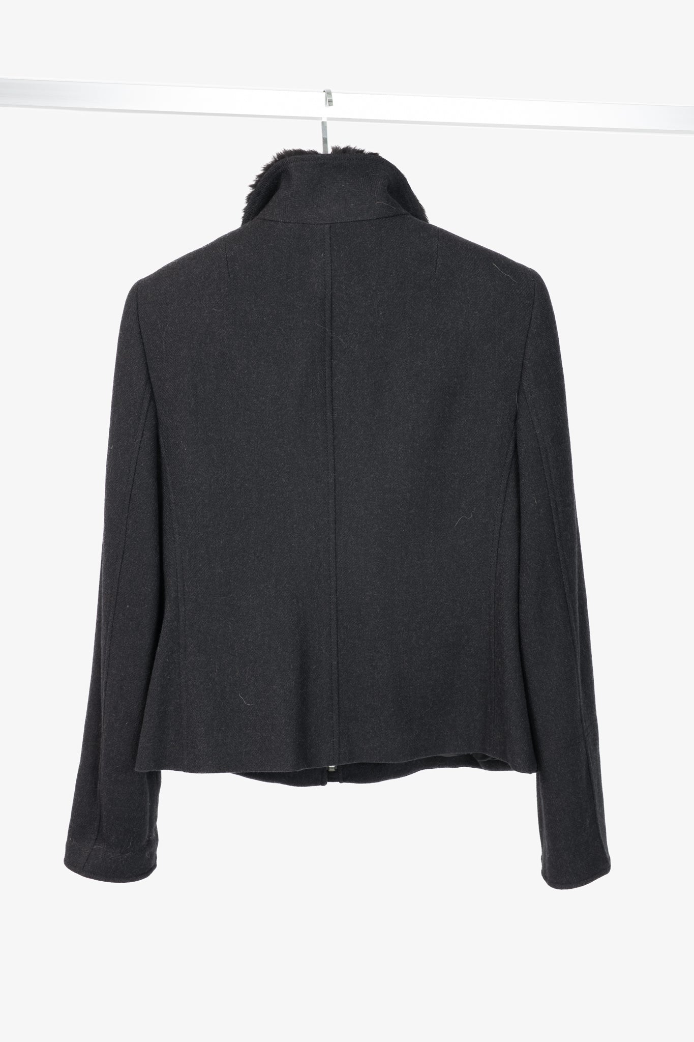 Akris Punto Charcoal Wool Herringbone-Flannel Fur-Collar Jacket
