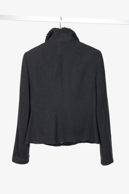 Akris Punto Charcoal Wool Herringbone-Flannel Fur-Collar Jacket