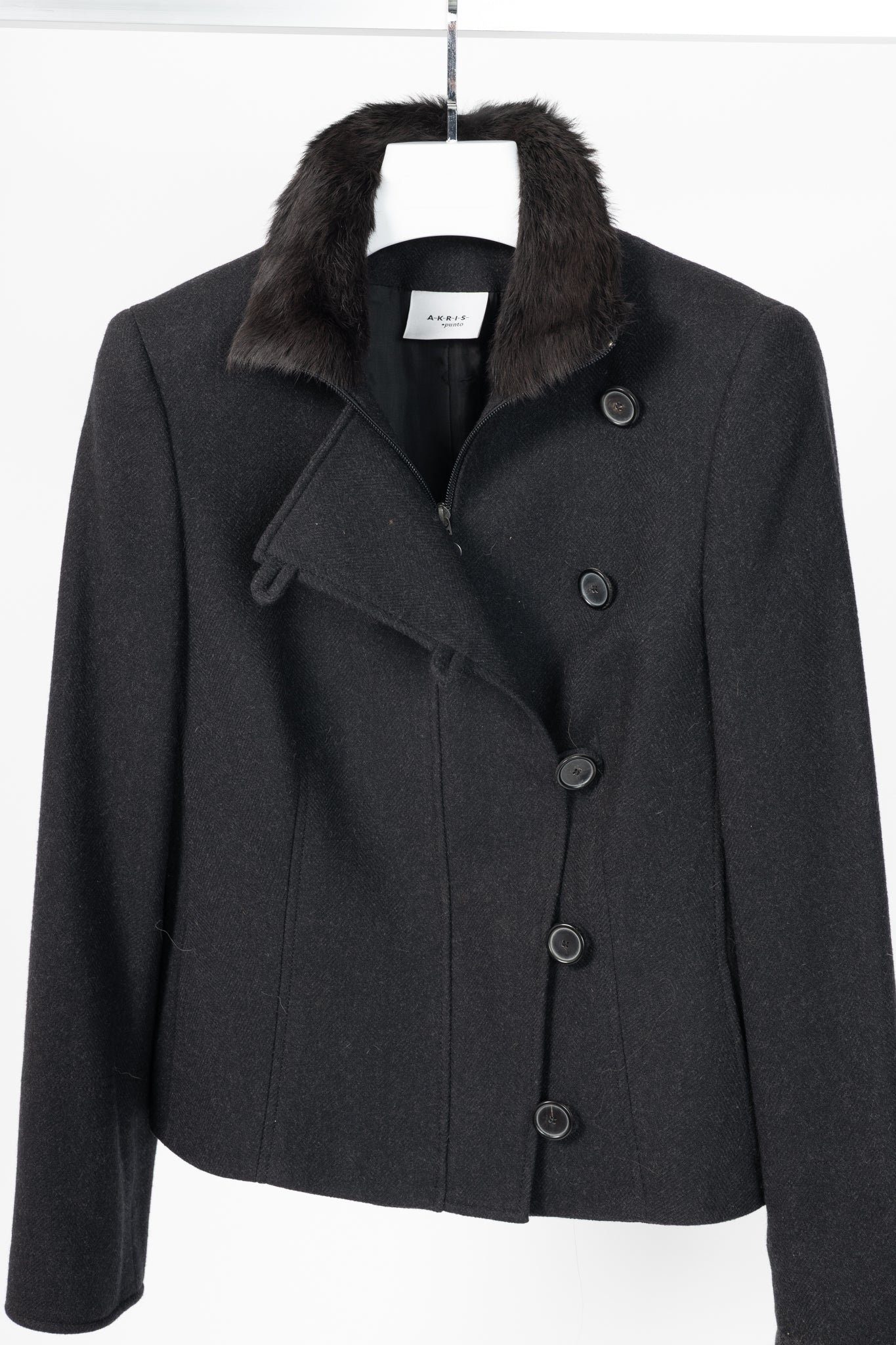 Akris Punto Charcoal Wool Herringbone-Flannel Fur-Collar Jacket