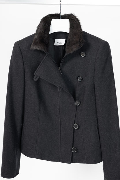 Akris Punto Charcoal Wool Herringbone-Flannel Fur-Collar Jacket