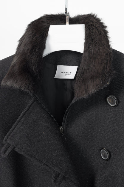 Akris Punto Charcoal Wool Herringbone-Flannel Fur-Collar Jacket