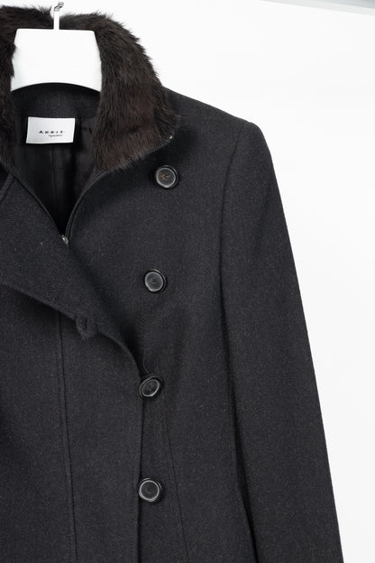 Akris Punto Charcoal Wool Herringbone-Flannel Fur-Collar Jacket