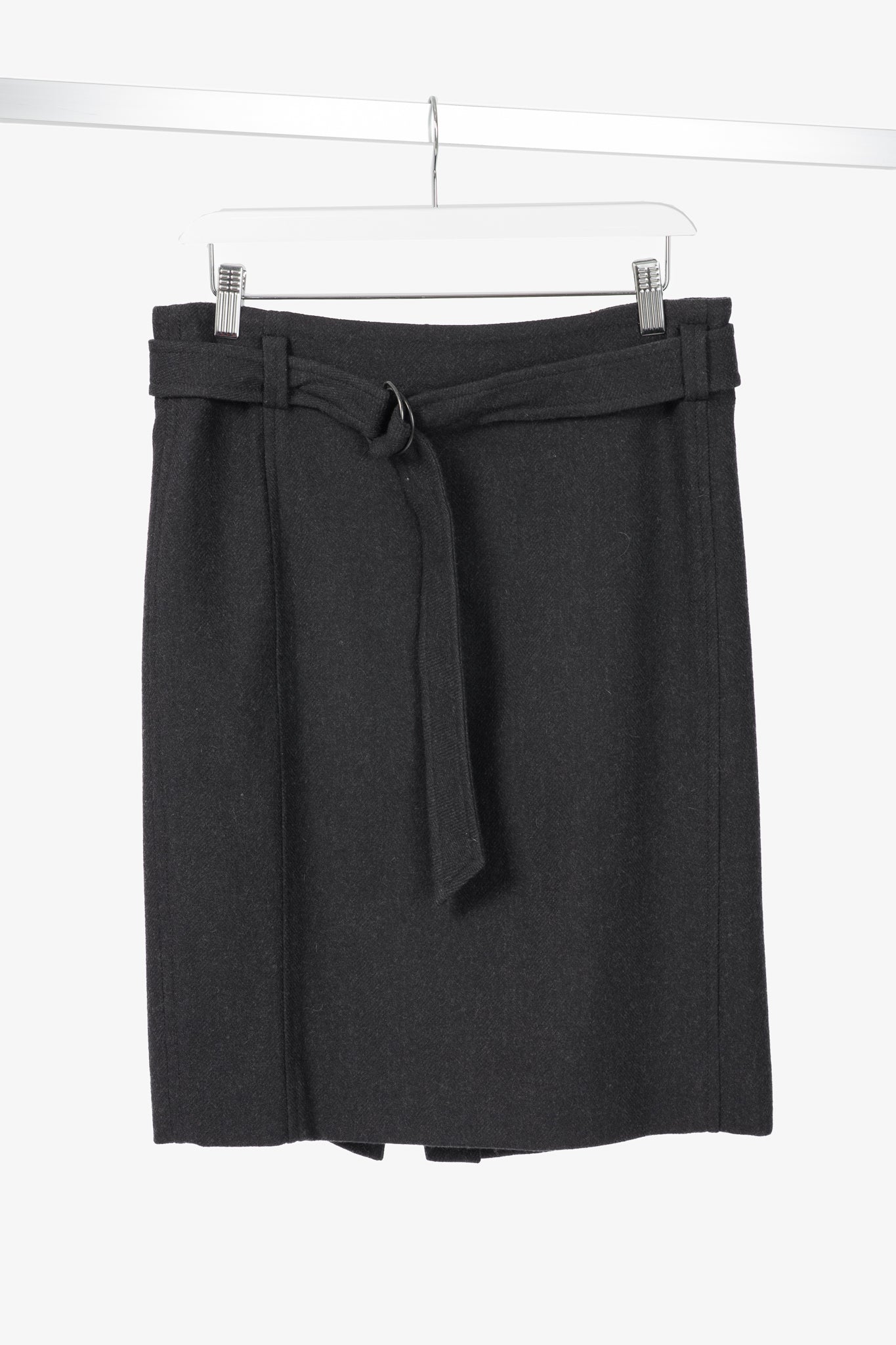 Akris Punto Charcoal Wool Herringbone-Flannel Belted Pencil Skirt