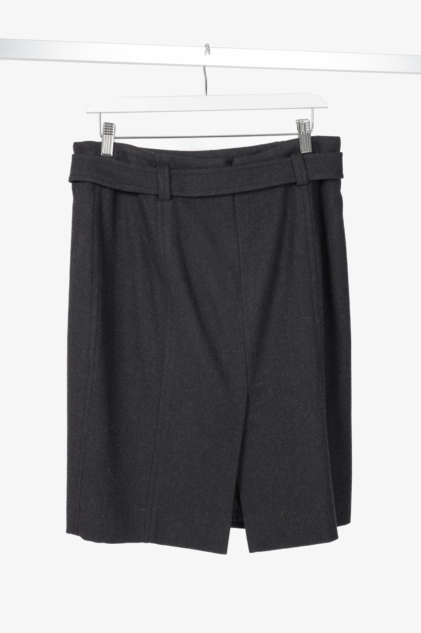 Akris Punto Charcoal Wool Herringbone-Flannel Belted Pencil Skirt