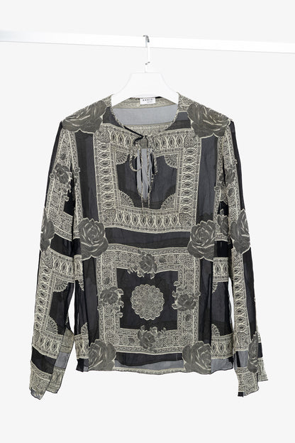 Akris Punto Black Crepe Floral-Paisley Tie-Neck Blouse