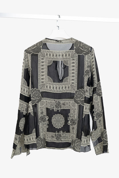 Akris Punto Black Crepe Floral-Paisley Tie-Neck Blouse