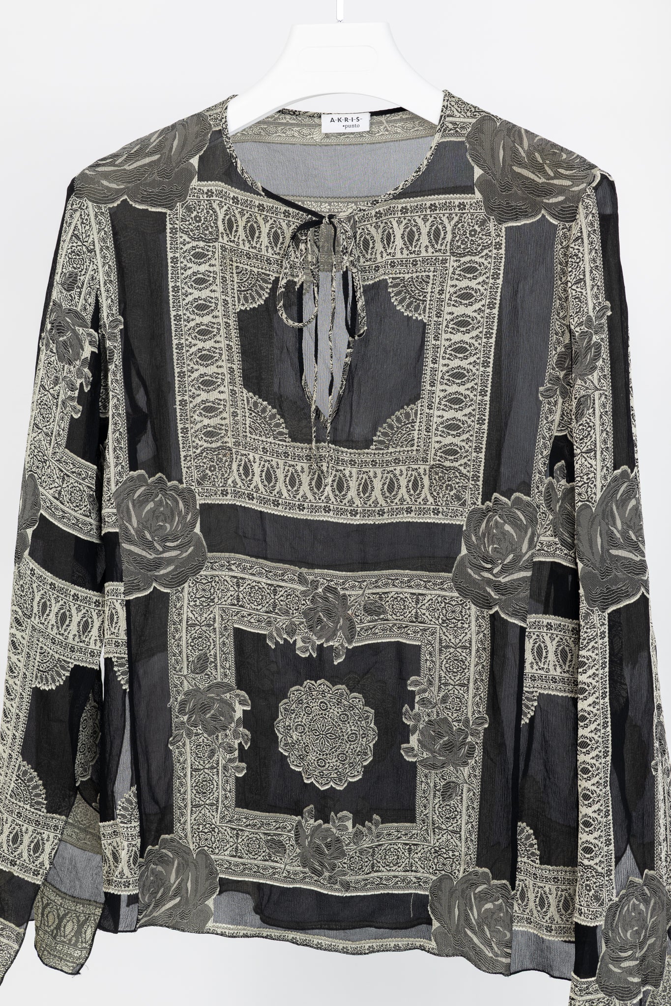 Akris Punto Black Crepe Floral-Paisley Tie-Neck Blouse