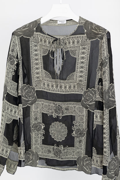 Akris Punto Black Crepe Floral-Paisley Tie-Neck Blouse