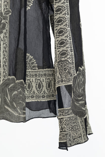 Akris Punto Black Crepe Floral-Paisley Tie-Neck Blouse