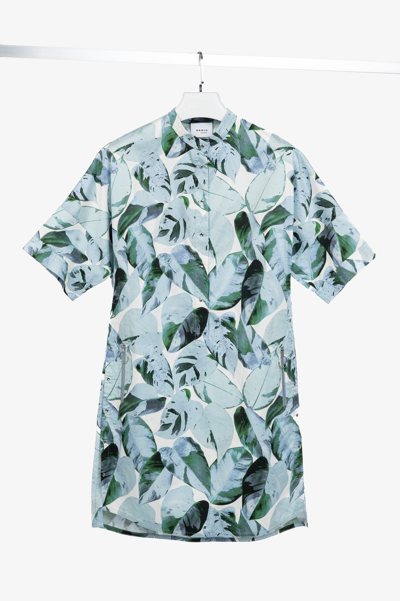 Akris Punto "Bleached Denim" Tropical Leaves-Print Cotton Poplin Shift Dress