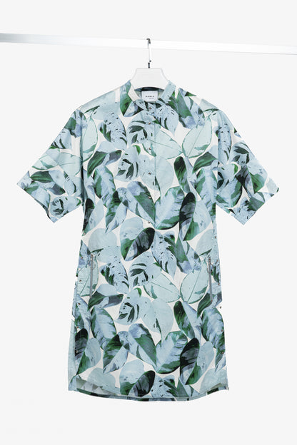 Akris Punto "Bleached Denim" Tropical Leaves-Print Cotton Poplin Shift Dress
