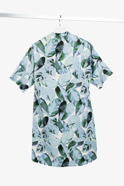 Akris Punto "Bleached Denim" Tropical Leaves-Print Cotton Poplin Shift Dress