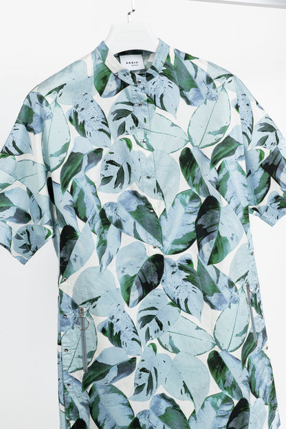 Akris Punto "Bleached Denim" Tropical Leaves-Print Cotton Poplin Shift Dress