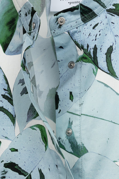 Akris Punto "Bleached Denim" Tropical Leaves-Print Cotton Poplin Shift Dress