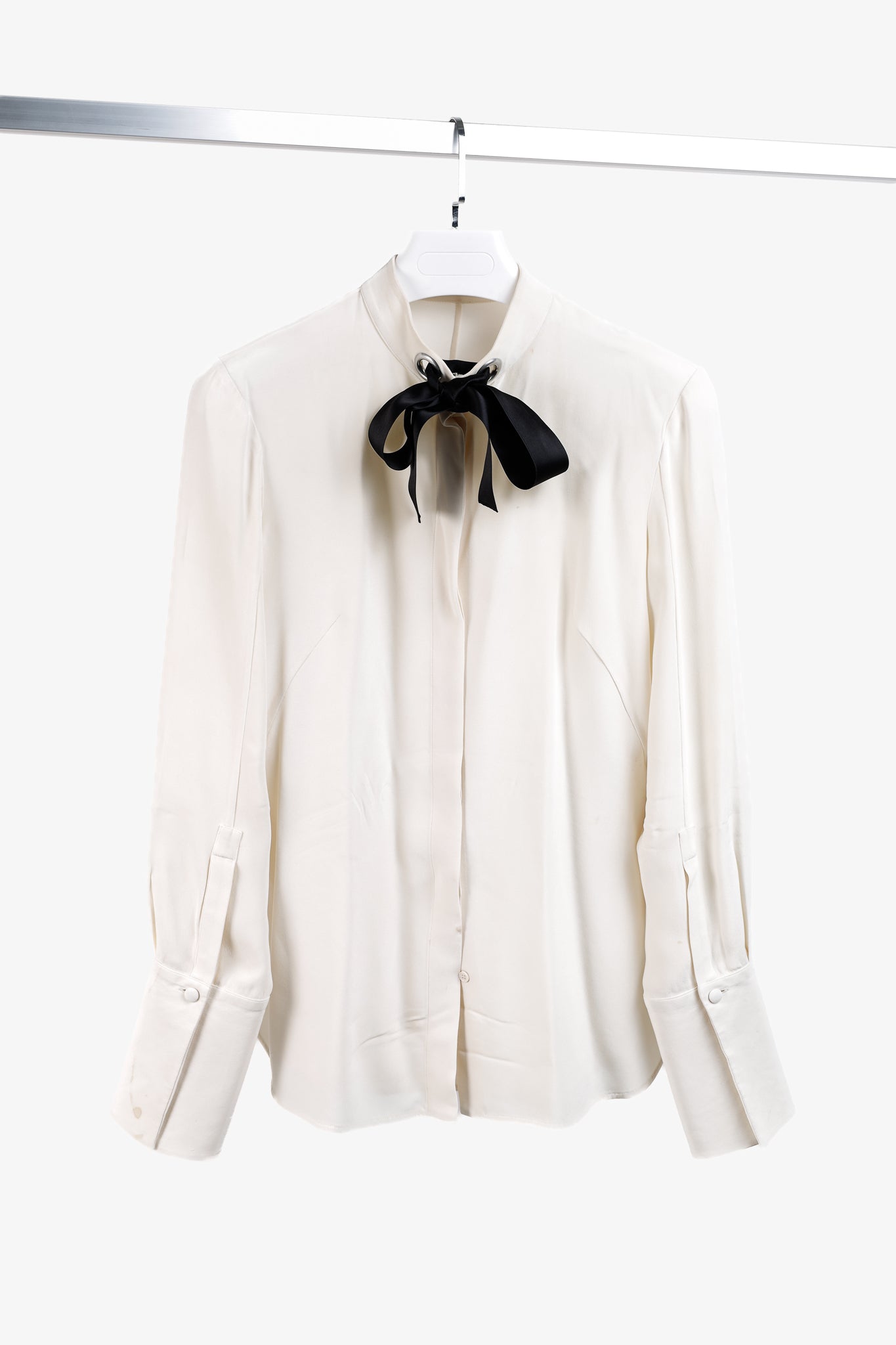 Alexander McQueen AW/14 Black Bow Long Sleeve Cream Silk Blouse