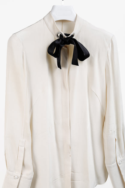 Alexander McQueen AW/14 Black Bow Long Sleeve Cream Silk Blouse