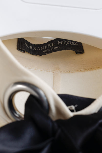 Alexander McQueen AW/14 Black Bow Long Sleeve Cream Silk Blouse