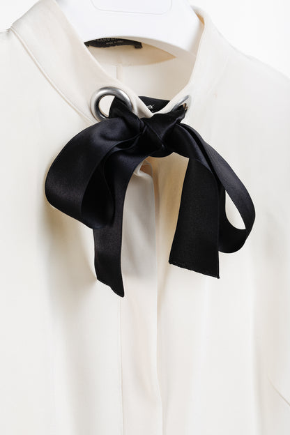 Alexander McQueen AW/14 Black Bow Long Sleeve Cream Silk Blouse