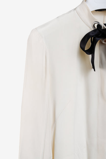 Alexander McQueen AW/14 Black Bow Long Sleeve Cream Silk Blouse